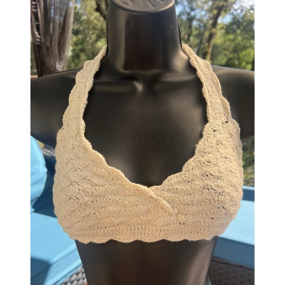 Triangle Ivory Cross Front Crochet‎ Bikini Top Boho Bohemian Festival Coachella